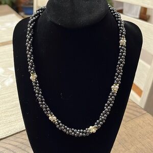 Gunmetal & Cream Beaded Rope Necklace – Classic Elegant Statement Piece